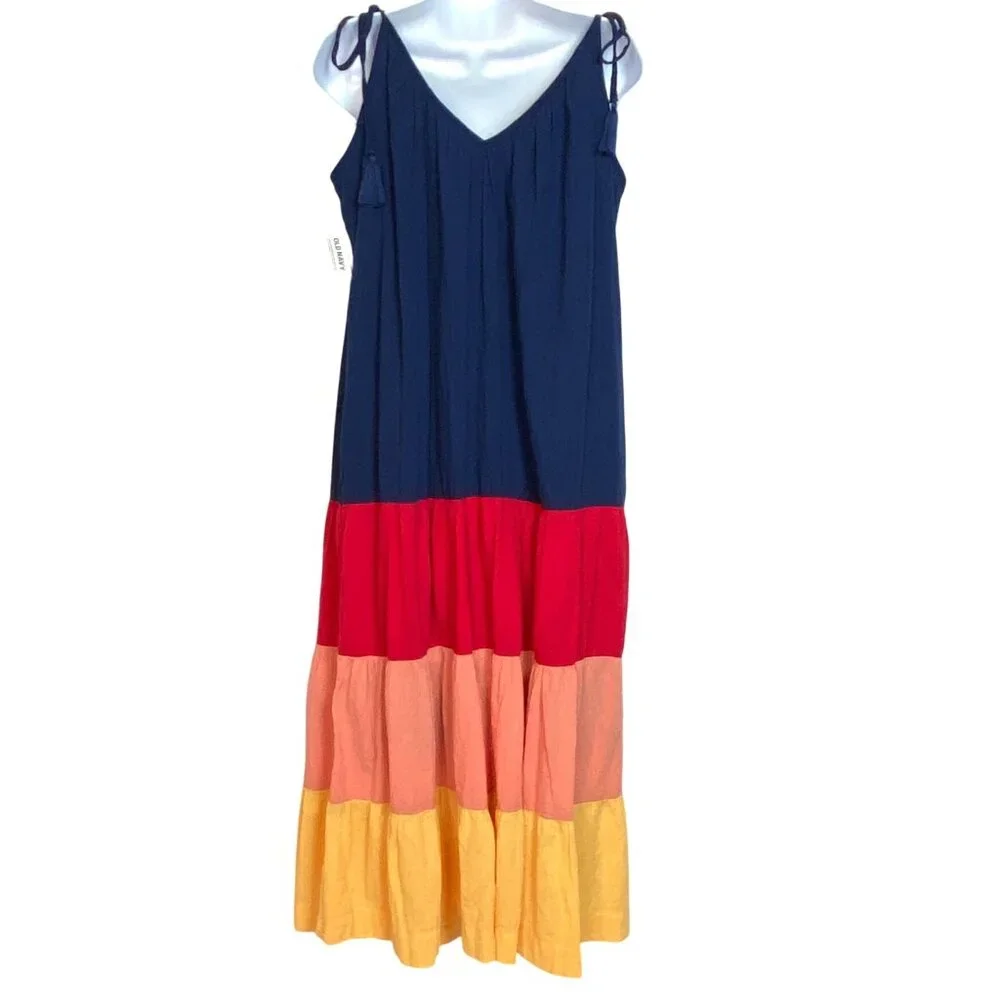 Old Navy Sleeveless Tasseled Navy Colorblock All-Day Maxi Swing Dress Size L NWT - Picture 3 of 10
